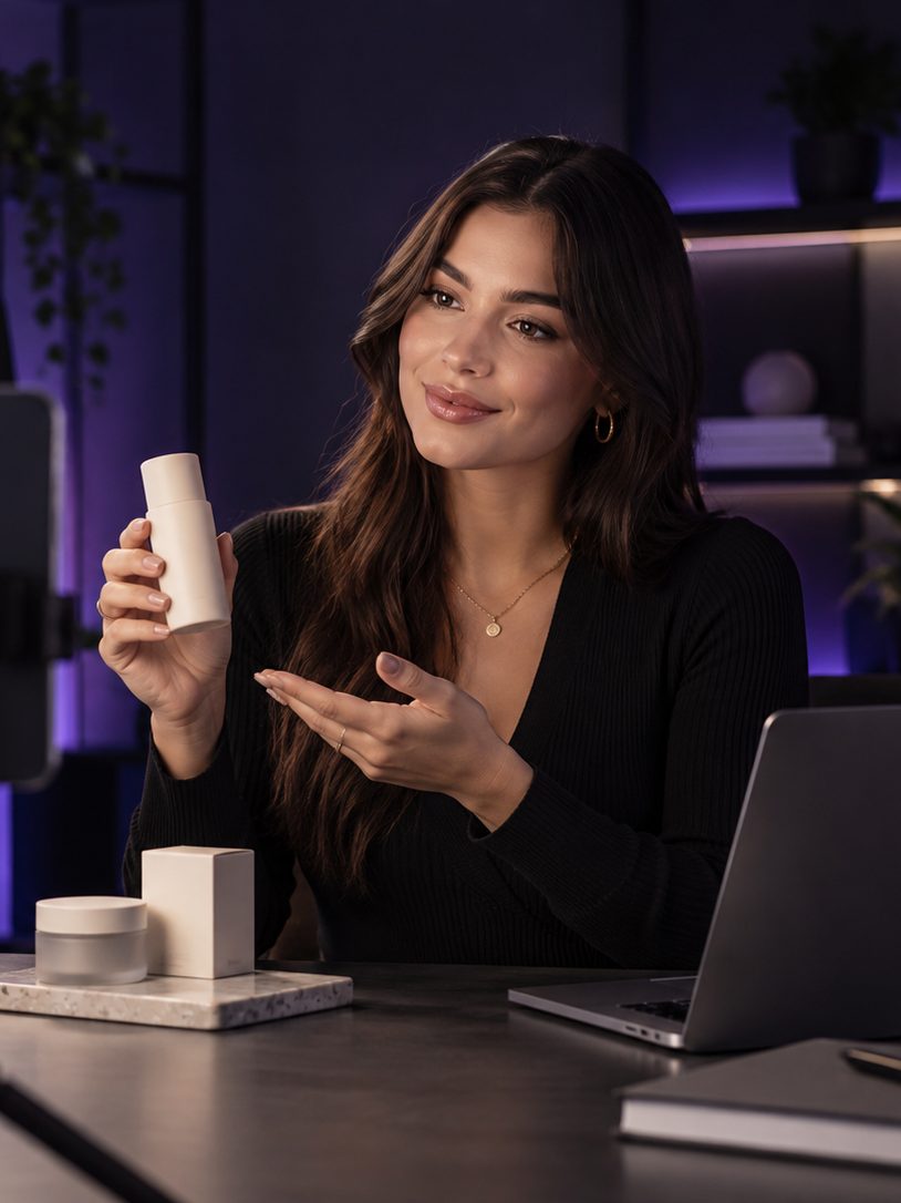 Illustrative creator filming a product with a phone and ring light